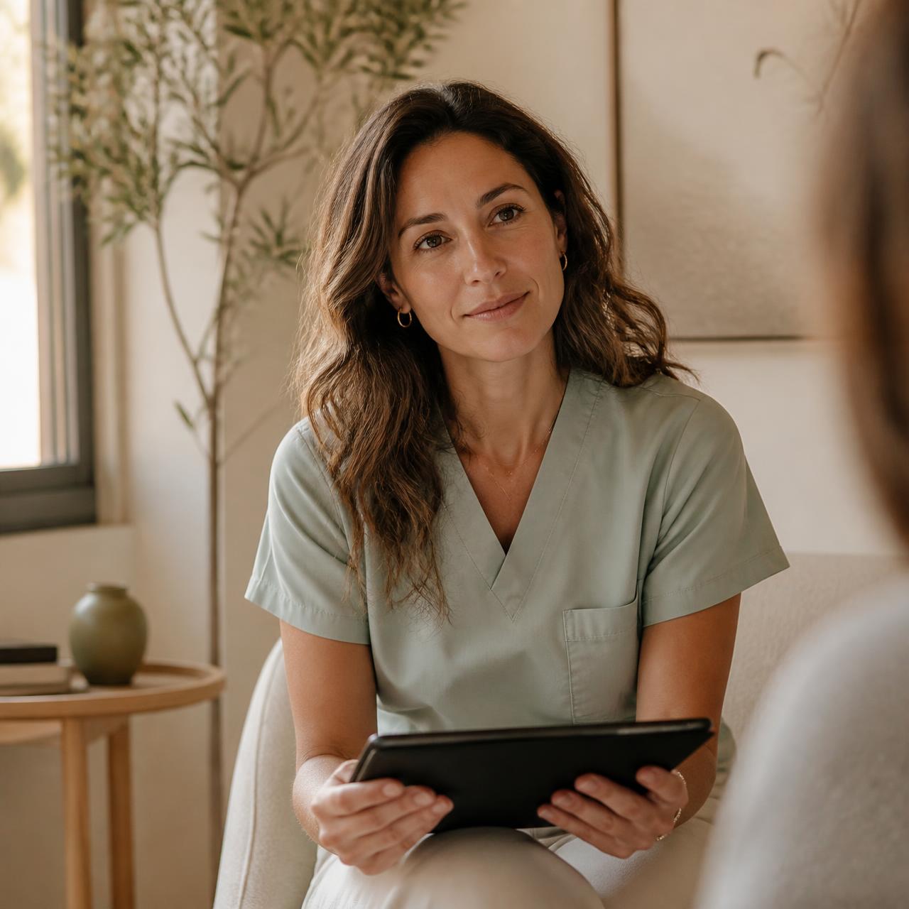 A nurse practitioner listening warmly during a quiet check-in
