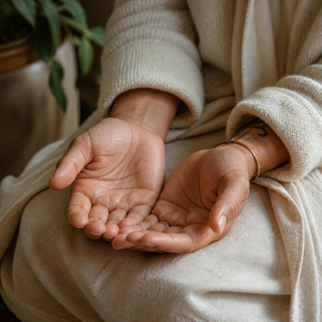 Two open hands resting gently in a lap