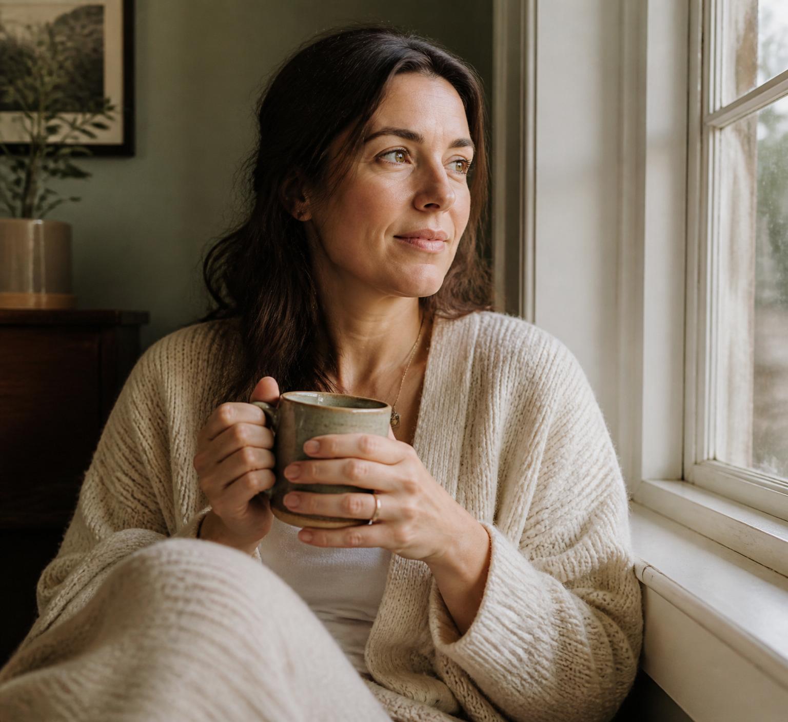 A woman sitting quietly with a warm mug, taking a moment for herself