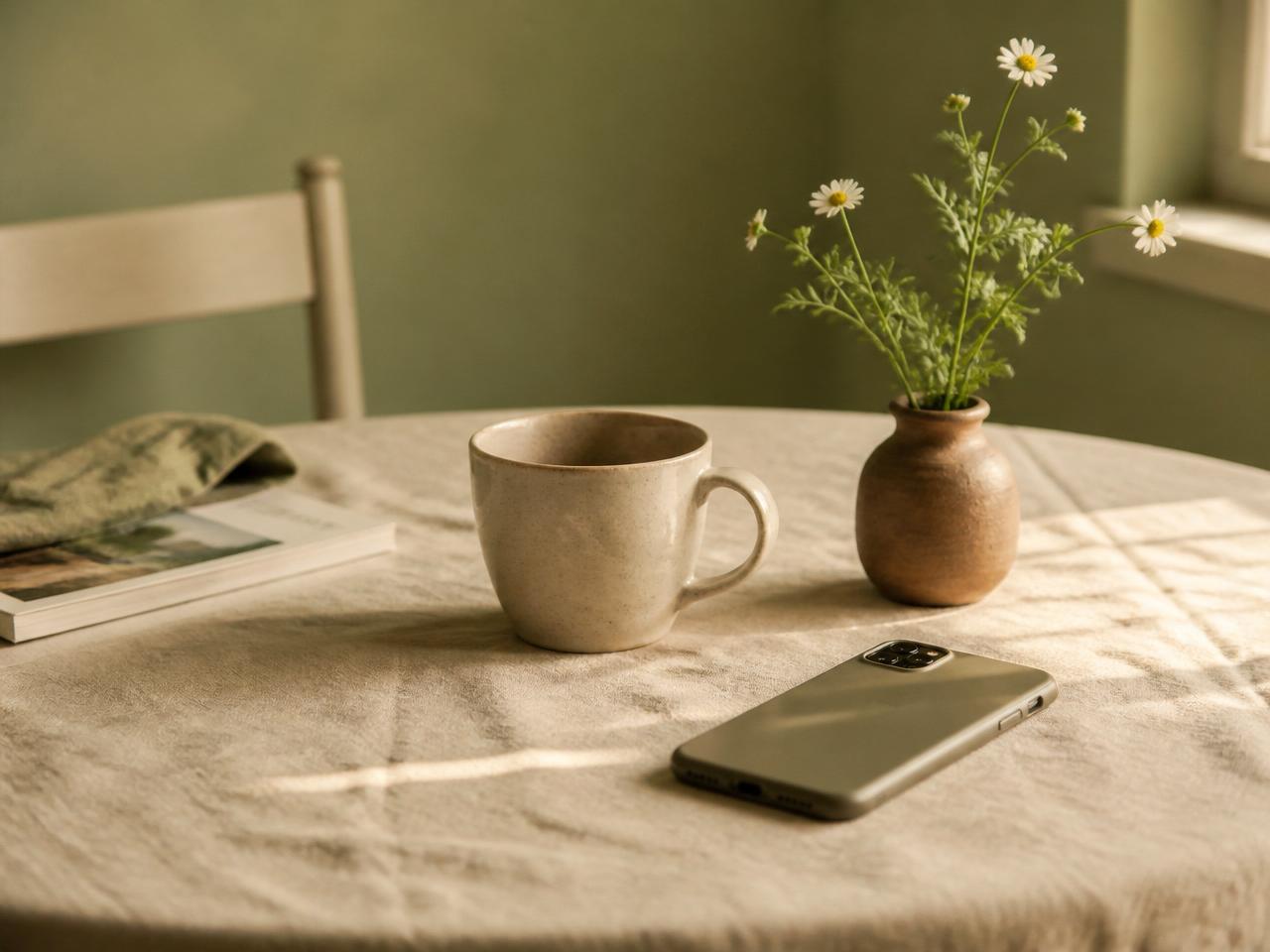 A calm table with a mug and a phone resting face-down